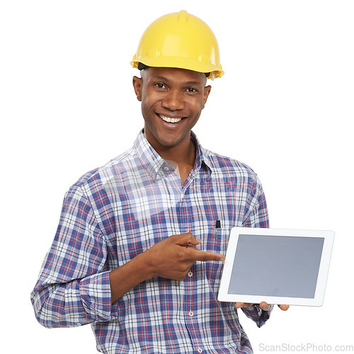 Image of Tablet, pointing and portrait of construction worker on a white background for internet, website and online. Engineering, maintenance and black man on digital tech for building, inspection or network