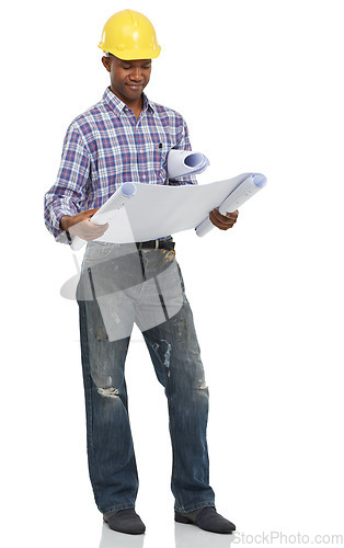 Image of Architect, construction and engineering, black man and blueprint for contractor job and maintenance on white background. Floor plan, check paperwork and builder with helmet and architecture in studio