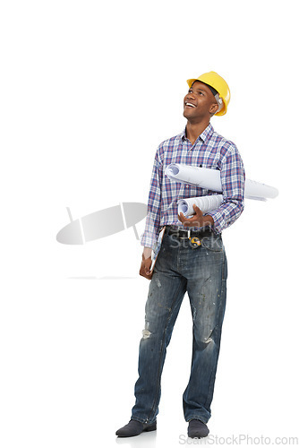 Image of Blueprint, construction and man on a white background for thinking, maintenance or building inspection. Engineering, architecture and isolated worker with illustration, planning and papers in studio