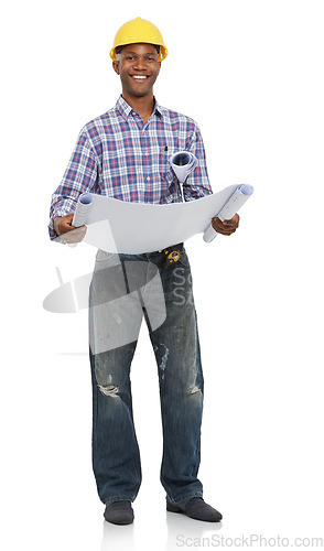 Image of Architect, construction and portrait, black man and blueprint for contractor job and maintenance on white background. Floor plan, paperwork and builder with helmet and smile in architecture in studio