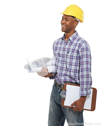 Image of Clipboard, construction and man on a white background for blueprint, maintenance and building inspection. Engineering, architecture and isolated worker with paperwork, documents and survey in studio