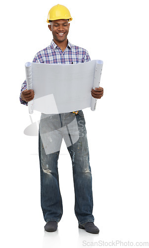 Image of Architecture, construction and engineering, black man and blueprint for contractor job and maintenance on white background. Floor plan, check paperwork and builder with helmet and architect in studio