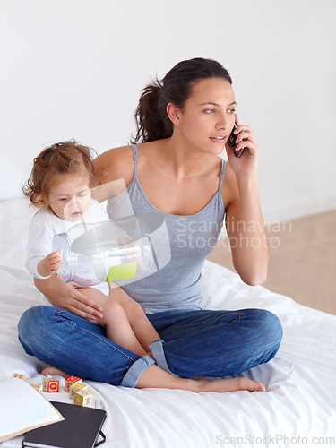 Image of Multitasking, phone call and mom with baby in home talking for remote work and child with toys on bed, Freelance, mother and speaking on smartphone, communication and caring for kid in bedroom