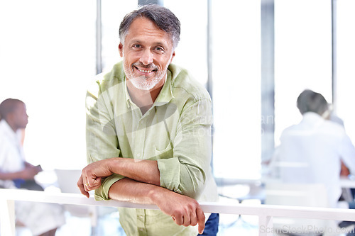 Image of Happy senior man, portrait and casual fashion at office in relax for career ambition or confidence. Face of handsome mature male person or employee smile for creative startup or mindset at workplace