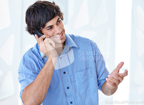 Image of Phone call, business man and communication in office for digital consulting, chat and contact in creative agency. Happy designer talking on smartphone to explain feedback, conversation and networking