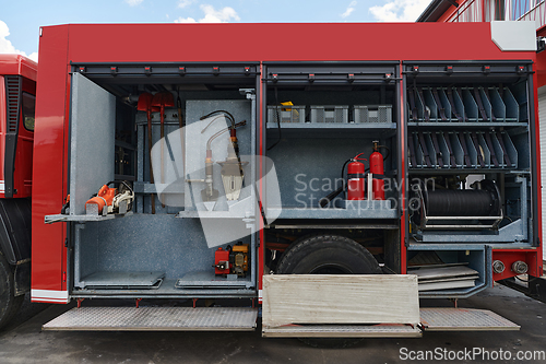 Image of Close-up of essential firefighting equipment on a modern firetruck, showcasing tools and gear ready for emergency response to hazardous fire situations