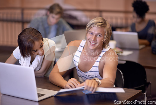 Image of University, laptop and portrait of students with books for studying, learning and research for knowledge. Education, college and man with textbooks and computer for internet, project and website