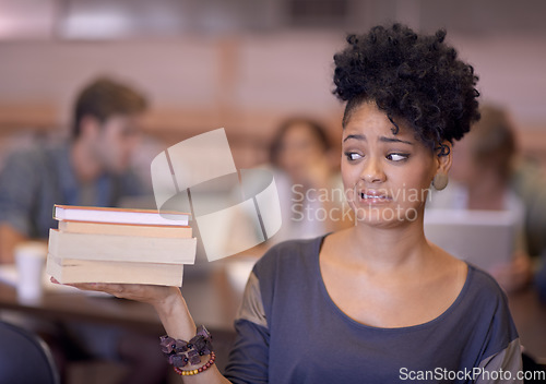 Image of Books, education and woman nervous for university, academy crisis and school workload for philosophy study. College, campus and student worry over learning literature, knowledge or textbook pile