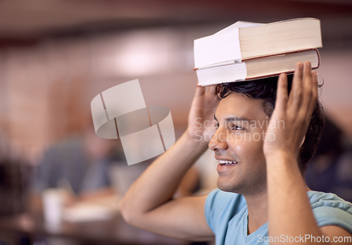 Image of University, head balance and man with books for academy development, knowledge or history education study. College, mockup space and school student learning literature, story or textbook information