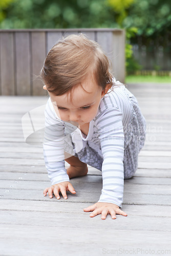 Image of Baby, crawling and curious on floor, child development and growth with learning, coordination and home. Girl, mobility and healthy in playful, childhood or balance with arms, kid or adorable