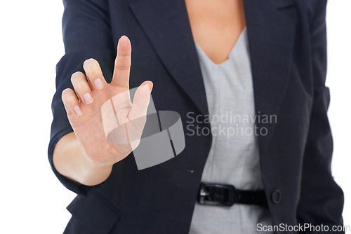Image of Business woman, hand and interface touch for cybersecurity, digital application or app access. Studio, fingerprint and female professional with password and white background ready for working