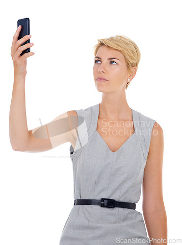 Image of Business woman, phone and signal search with professional with mobile issue of employee in studio. Corporate fashion, tech error and worker frustrated for internet connection with white background