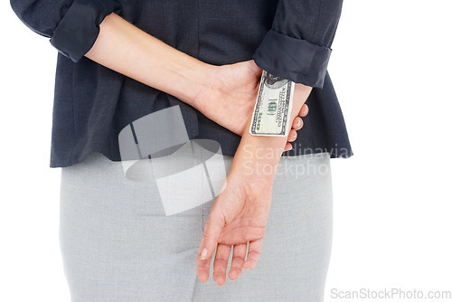 Image of Stealing, money or hands of business woman in studio for illegal payment, deal or secret scam. Cash in sleeve, white background or financial manager with dollars for bribery, fraud or crime closeup