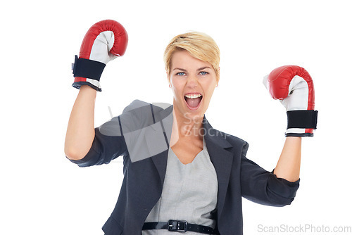 Image of Businesswoman, portrait and boxing gloves with excitement for corporate win, confident and white background. Executive, victory and celebration for business success, triumph and female person