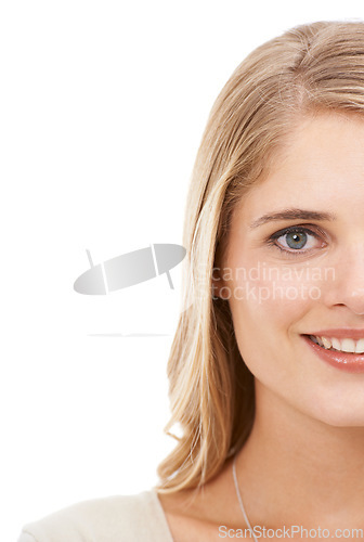 Image of Woman, portrait and happy in studio with eye care for vision, cosmetics or eyeball wellness with mock up space. Person, half face and smile with skincare treatment or dermatology on white background