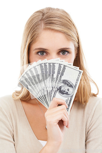 Image of Face, eyes and woman with cash fan, bonus for success or reward, cashback or lotto win on white background. Money, award or salary with financial freedom, investment and portrait for winner in studio