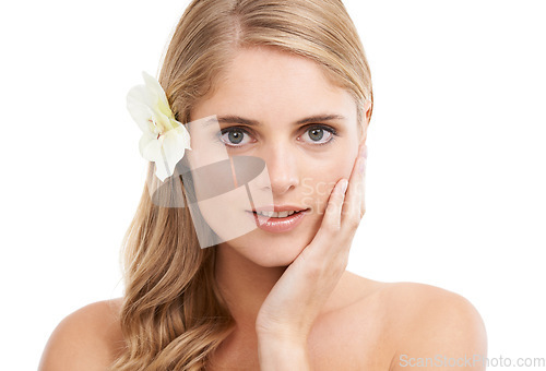 Image of Woman, portrait and beauty in studio with flower, makeup and pride for cosmetic glow on mock up. Model, person or sustainable dermatology for haircare or natural organic skincare on white background