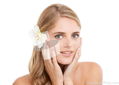 Image of Woman, portrait and hands in studio with flower, makeup and pride for cosmetic glow on mock up. Model, person or sustainable dermatology for haircare or natural organic skincare on white background