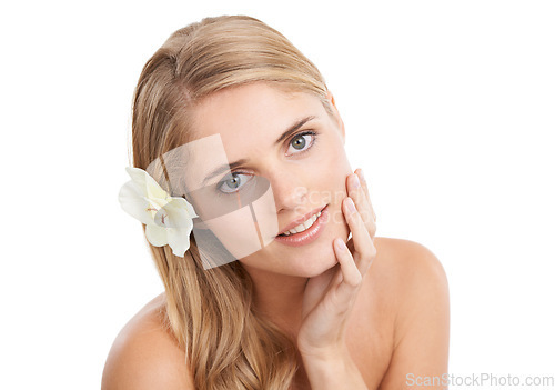 Image of Woman, portrait and beauty in studio with flower, makeup and smile for cosmetic glow on mock up. Model, person or sustainable dermatology for haircare or natural organic skincare on white background