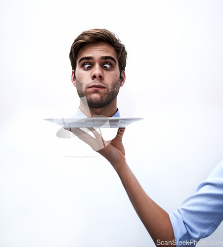 Image of Head, plate and face of business man punishment for company mistake, corporate crisis or agency fail. Studio dish, decapitation and hand serving professional agent after disaster on white background