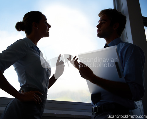 Image of Business people, problem and silhouette of manager discussion with employee over dispute conflict or mistake. Communication, window and workforce conversation on corporate crisis, disaster or fail