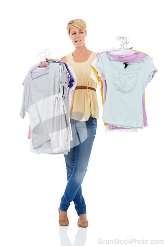 Image of Woman, fashion and doubt with clothing for choice, decision or selection on a white studio background. Female person, model or blonde thinking, wonder or picking garment or outfit for style on mockup