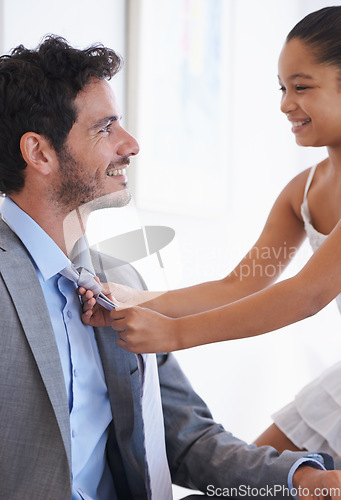 Image of Happy, tie and child helping father with getting ready for work in living room of modern home. Smile, love and young dad dressing with girl kid for classy, elegant pr fancy suit in lounge at house.
