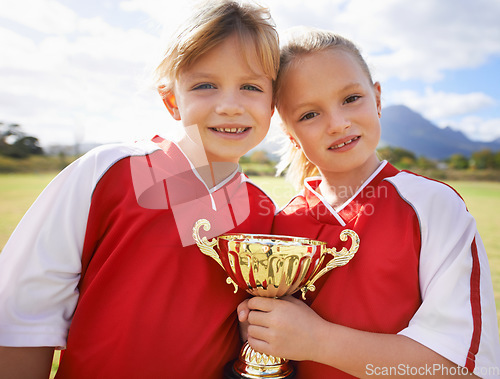 Image of Celebration, players and children with cup, soccer and girls with victory, support or proud. Achievement, sports and friendship, together and happy for win, ready for game or physical activity