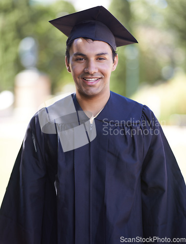 Image of Happy man, portrait and outdoor graduation for qualification, learning or career ambition in education. Male person, student or graduate smile for higher certificate, diploma or degree in nature