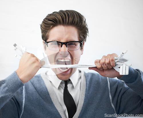 Image of Man, cable plug and businessman with stress, angry and frustrated for connection, professional and employee..Technician, technical geek and mad as manager and stylish man in corporate problems