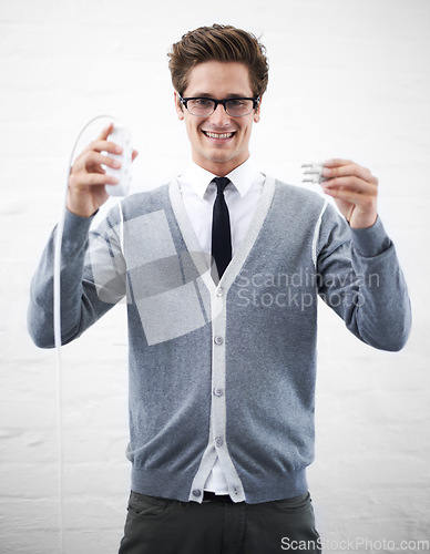 Image of Person, cable plug and businessman in fashion, smiling and happy for connection, professional and employee..Technician, technical geek and ready as manager, electricity and energy extenstion