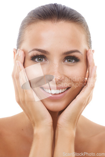 Image of Portrait of happy woman, natural or skincare in studio for wellness with cosmetics, face or healthy glow. Facial dermatology, confident lady or model with smile or beauty results on white background