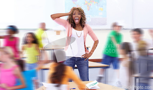 Image of Headache, portrait or teacher in classroom with kids in school for noise, motion blur or children. Frustrated, students or black woman shouting with anxiety or stress for learning or teaching problem