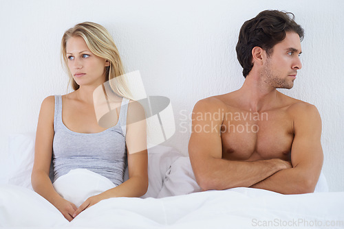 Image of Ignore, bedroom or angry couple in fight with stress for marriage problem, breakup or bad communication. Home, toxic or frustrated people in conflict or betrayal of cheating crisis, drama or divorce