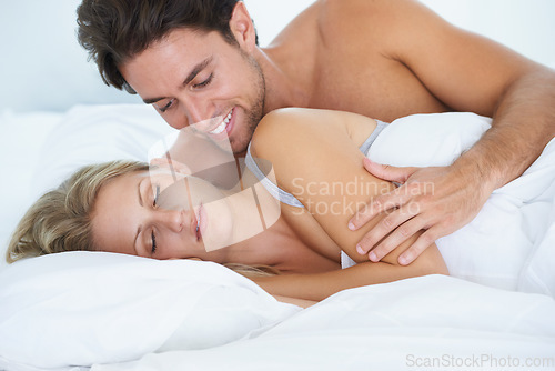 Image of Happy man, bed or woman sleeping for fatigue, peace or dreaming to relax in marriage on holiday vacation. Couple, smile or tired wife on break enjoying nap, bedroom sleep or resting at night in home