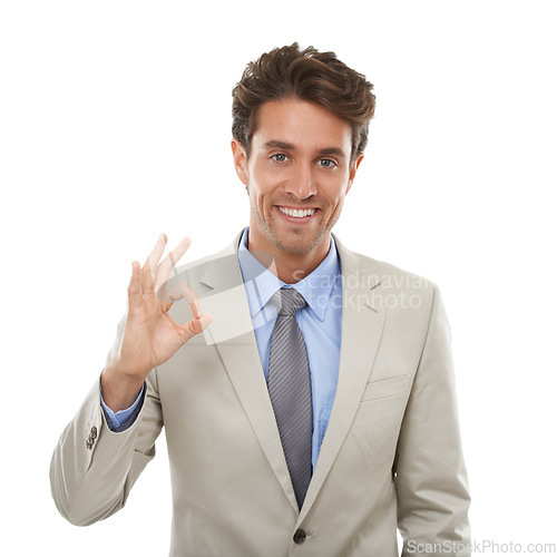 Image of Business man, portrait and ok in studio for vote, review sign and like feedback on white background. Happy worker show okay for success, agreement and thank you for support, yes emoji and excellence