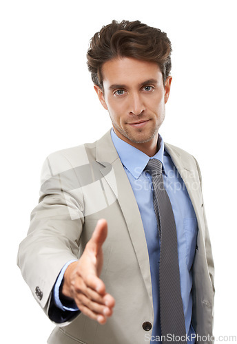 Image of Business man, portrait and offer handshake for welcome, b2b deal and HR introduction in studio on white background. Worker shaking hands for support, thank you and congratulations for job recruitment