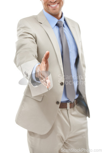 Image of Business man, closeup or offer handshake for welcome, b2b deal or HR introduction in studio on white background. Worker shaking hands for opportunity, recruitment or congratulations for job interview