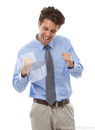 Image of Excited businessman, fist pump and celebration for winning or success against a white studio background. Happy man or employee smile in joy for achievement, bonus or business promotion on mockup