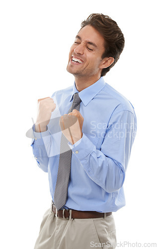 Image of Happy businessman, fist pump and celebration for winning or success against a white studio background. Excited man or employee smile in joy for achievement, bonus or business promotion on mockup