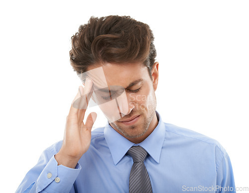 Image of Business man, headache and pain in studio for burnout, stress and challenge on white background. Tired, confused and sick worker with crisis, brain fog and fatigue of vertigo, doubt mistake and fail