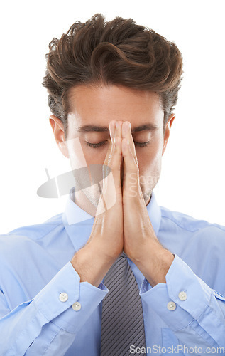 Image of Business man, hands for praying and frustrated, serious crisis at law firm with fear for disaster on white background. Burnout, overworked and prayer, lawyer fail in case or mistake in a studio