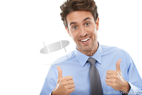 Image of Thumbs up, portrait and excited business man in studio for winning deal, success and like agreement on white background. Happy worker, emoji sign and feedback of winner, vote and thank for excellence