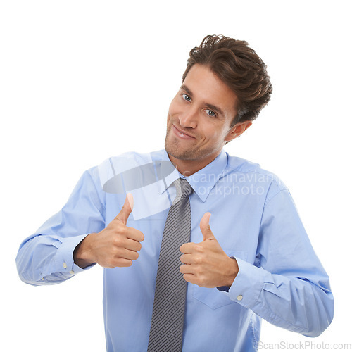 Image of Thumbs up, portrait and happy business man in studio for winning deal, success icon and like agreement on white background. Worker, emoji sign and feedback of winner, vote yes and thank you for trust