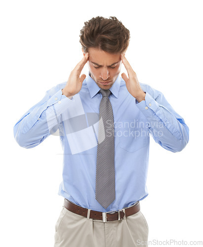 Image of Business man, headache and stress in studio for burnout, pain and doubt mistake, vertigo and disaster on white background. Frustrated worker with brain fog, crisis and challenge of debt, fail or risk