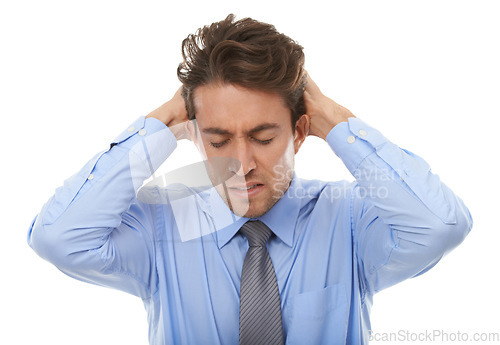 Image of Business man, frustrated and stress in studio for burnout, anxiety and doubt mistake, vertigo and disaster on white background. Angry worker in crisis, challenge and risk of bankruptcy, debt and fail