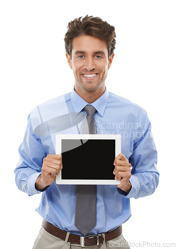 Image of Portrait, business man or advertising tablet screen in studio for deal, offer or sign up to newsletter on white background. Happy worker, digital app or mockup space for review, UX or ads coming soon