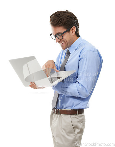 Image of Excited businessman, laptop and trading for finance, surprise or alert on a white studio background. Man, employee or nerd with computer for communication, networking or accounting on mockup space