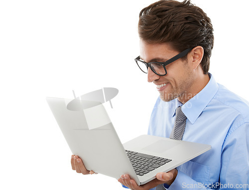 Image of Happy businessman, laptop and reading email, social media or networking on a white studio background. Man, employee or nerd with computer for communication, research or online search on mockup space