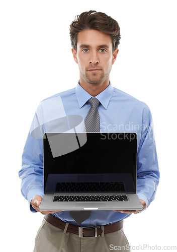 Image of Portrait, business man and advertising laptop screen for deal, offer or sign up to newsletter in studio on white background. Serious worker, computer or mockup space to launch UX ads, review or promo